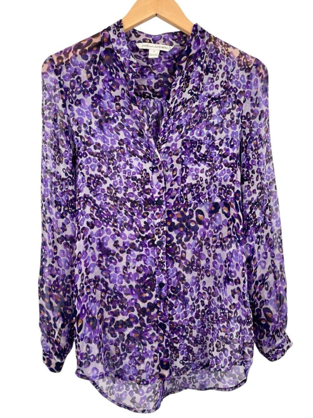 DIANE VON FURSTENBERG Women's Purple Animal Print Sheer Silk Gilmore Blouse US 2